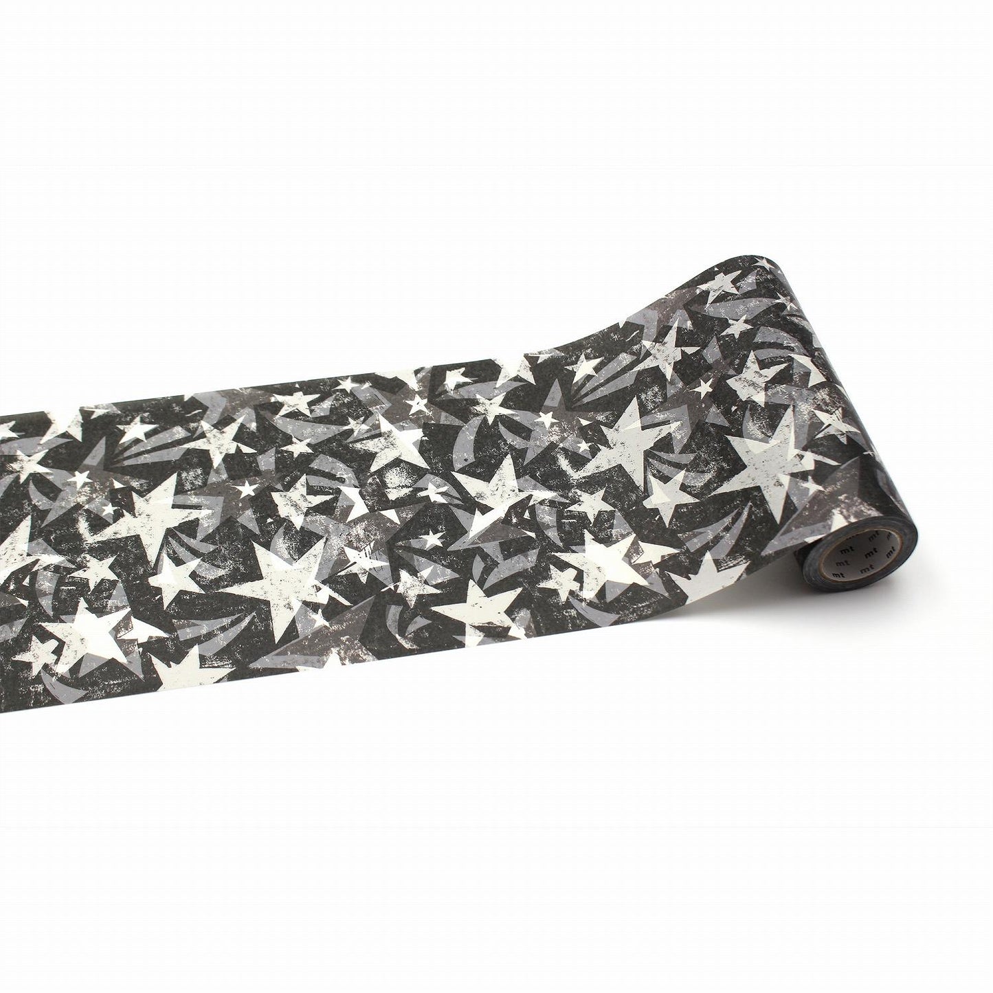 A roll of black and white star-patterned tape is shown against a white background.