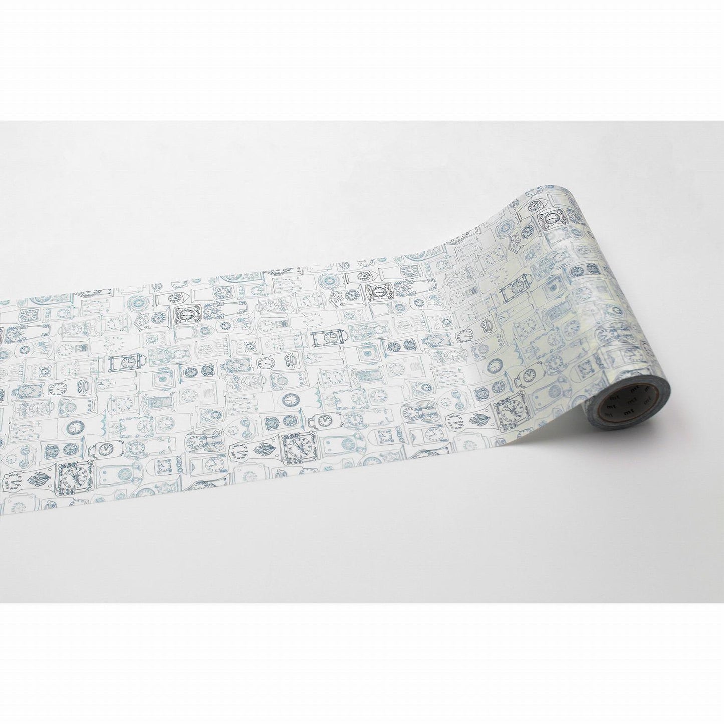 a roll of paper with a repeating pattern of various objects and designs, including gears, circles, and other abstract shapes.