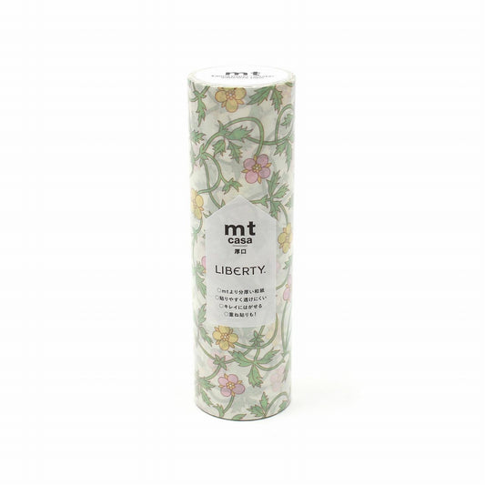 A cylindrical container with a floral pattern and text printed on it.