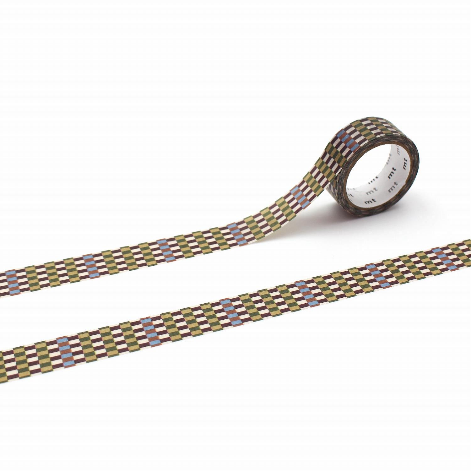 a roll of patterned tape with a checkered design, lying on a white background.