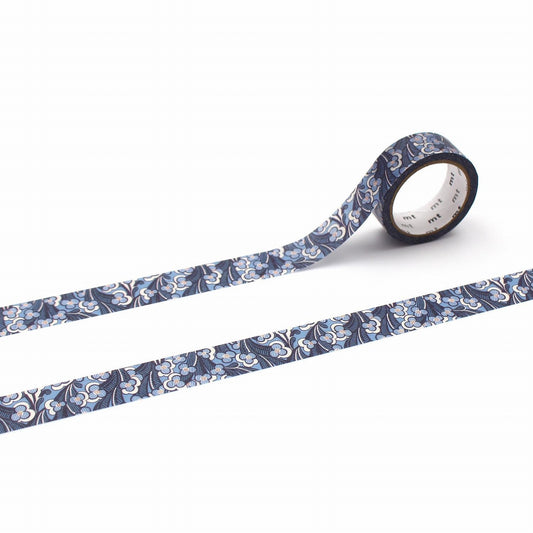 a roll of patterned tape with a blue and white floral design, lying on a white background.