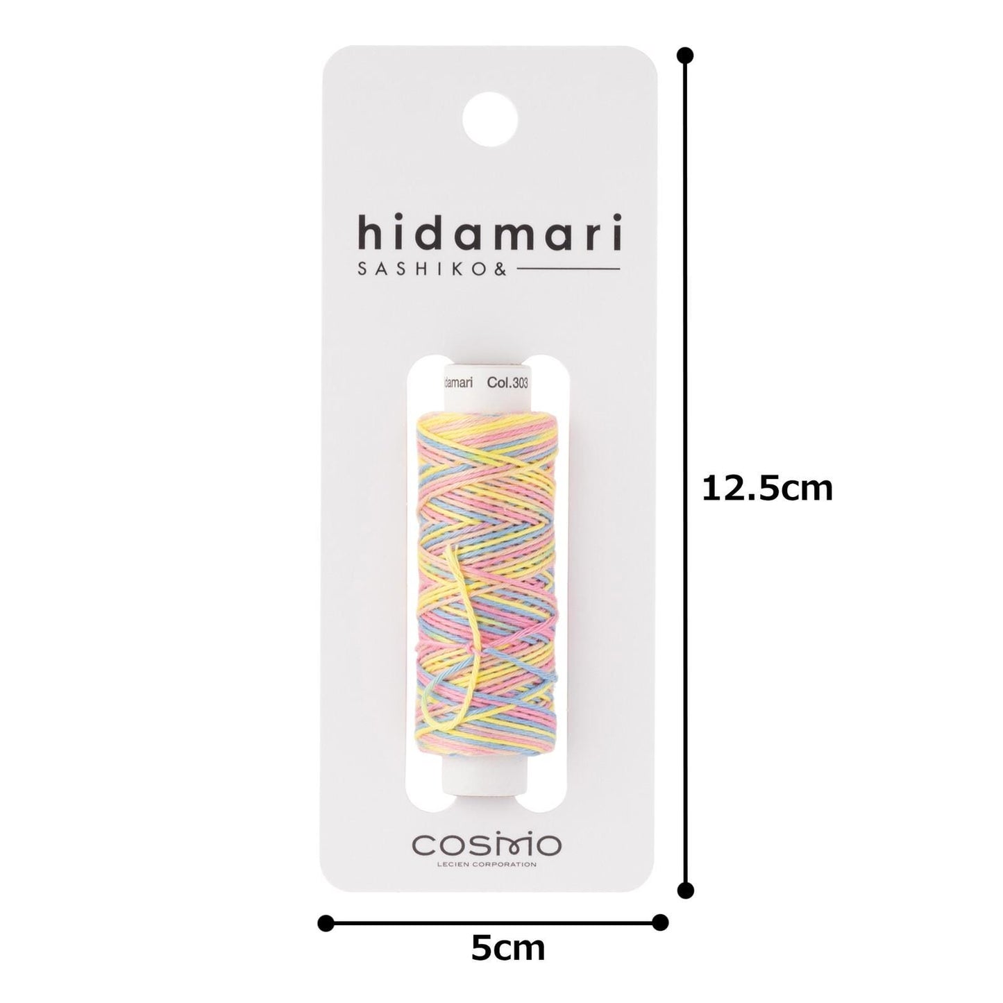 a package of colorful yarn with a label indicating the size and dimensions.