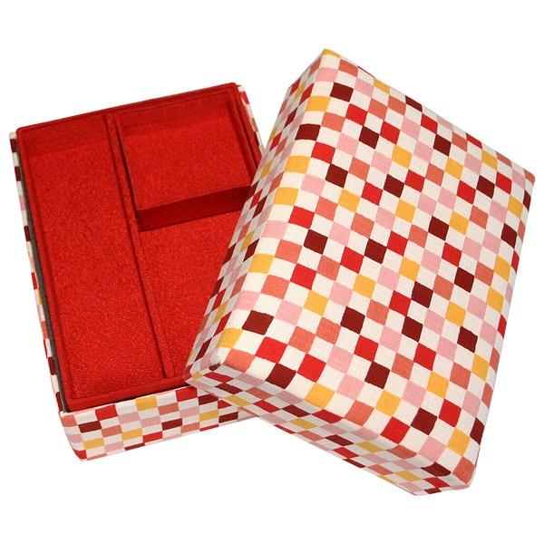 an open red jewelry box with a checkered pattern on the lid and a red compartment inside.