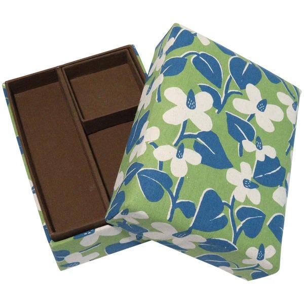 a box with a floral pattern on it, which is open and revealing its interior.