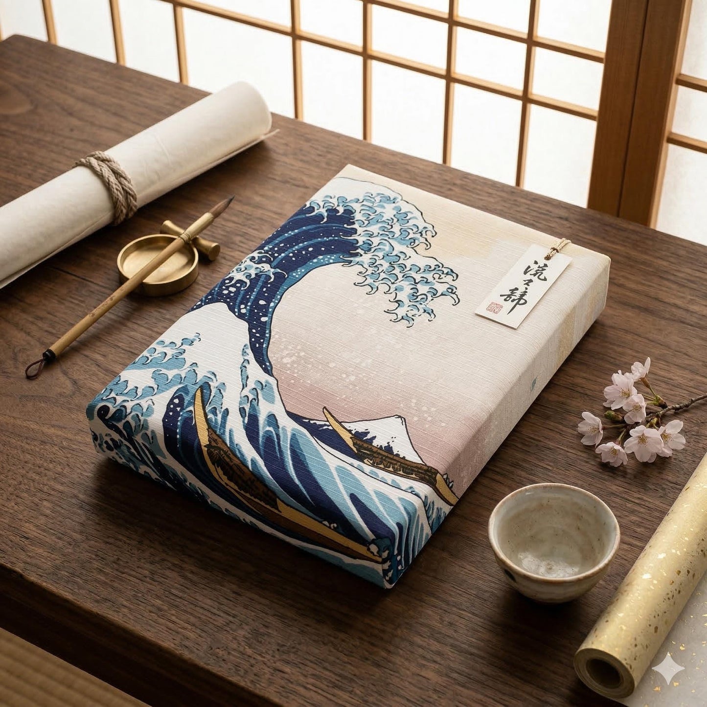 a wooden table with various items, including a book with a wave painting, a small bowl, a roll of paper, and a pair of chopsticks.