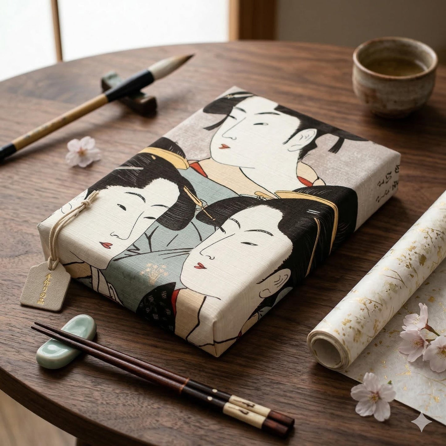 a wooden table with various items, including a book with a Japanese-style illustration, a pair of chopsticks, a cup, and some flowers.