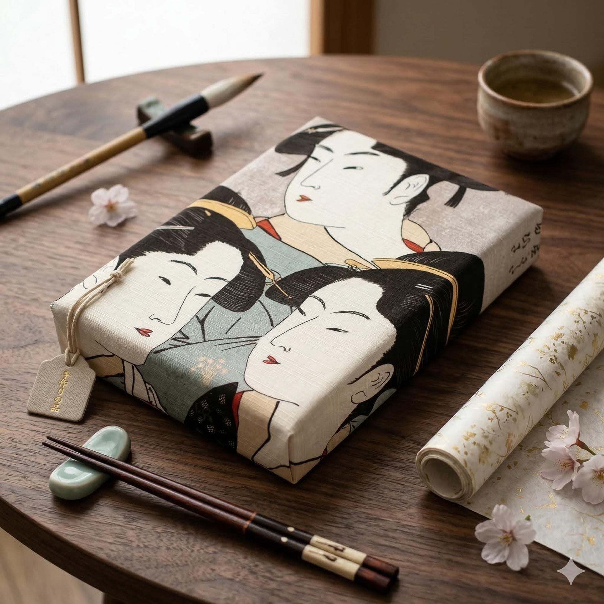 a wooden table with various items, including a book with a Japanese-style illustration, a pair of chopsticks, a cup, and some flowers.
