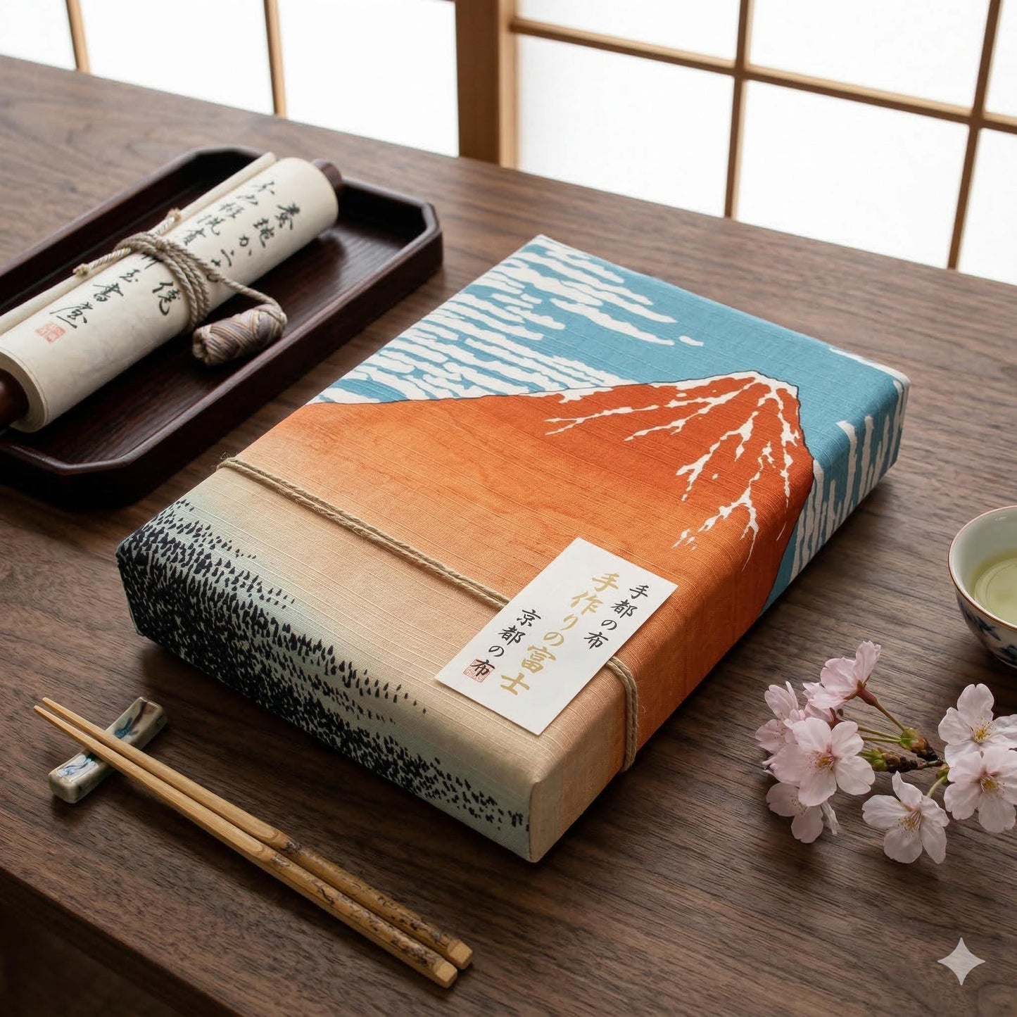 a wooden table with various items on it, including a book with a mountain design, a scroll, chopsticks, a cup of tea, and some flowers.