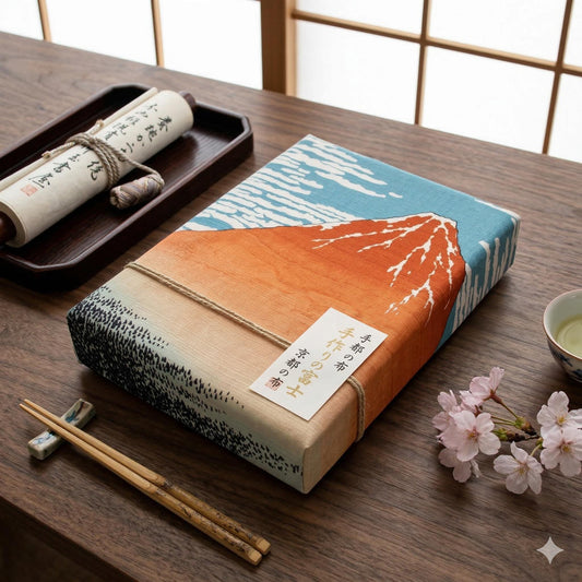 a wooden table with various items on it, including a book with a mountain design, a scroll, chopsticks, a cup of tea, and some flowers.