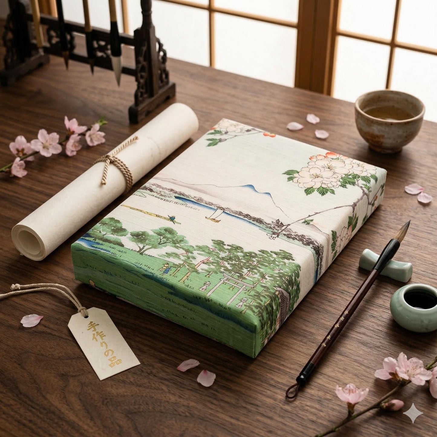 a wooden desk with various items, including a notebook with a landscape design, a scroll, a cup, a brush, and some pink flowers.
