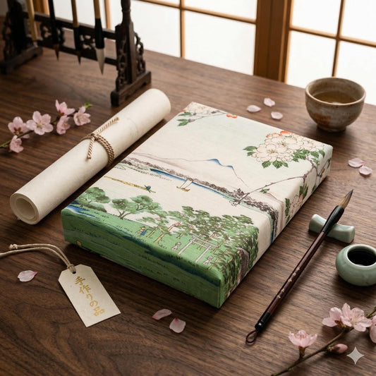 a wooden desk with various items, including a notebook with a landscape design, a scroll, a cup, a brush, and some pink flowers.