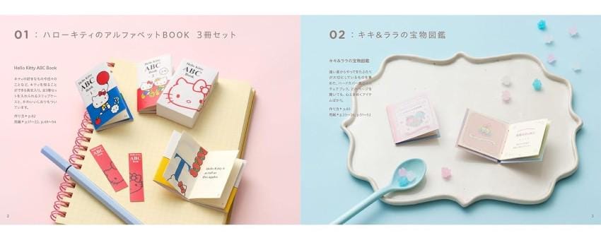 The image is a collage of two photographs. The left photograph shows a notebook with a Hello Kitty book, a pen, and a blue pen. The right photograph displays a small book with a Hello Kitty design, a spoon, and some small Hello Kitty items.
