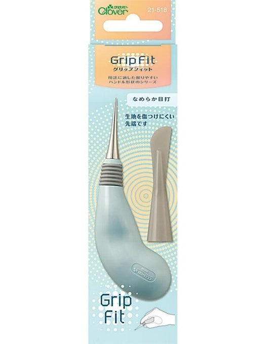 A package for a grey and white tool called the Grip Fit, which is designed for use with a pen.