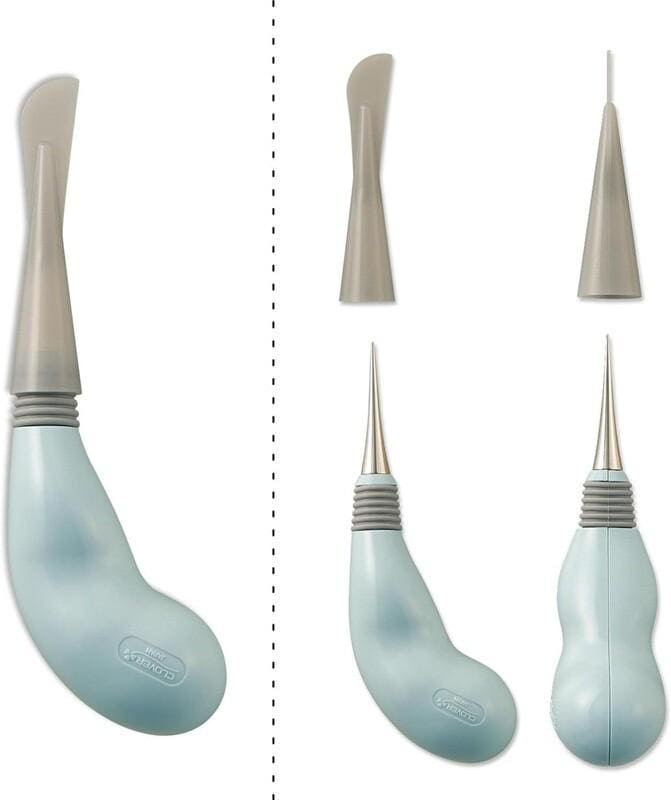 a collection of four light blue, curved, and pointed tools, including a knife, a pair of scissors, a toothpick, and a toothbrush.