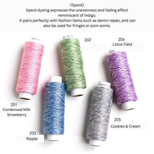 five spools of thread in various colors, including pink, green, purple, blue, and gray, arranged on a white background.