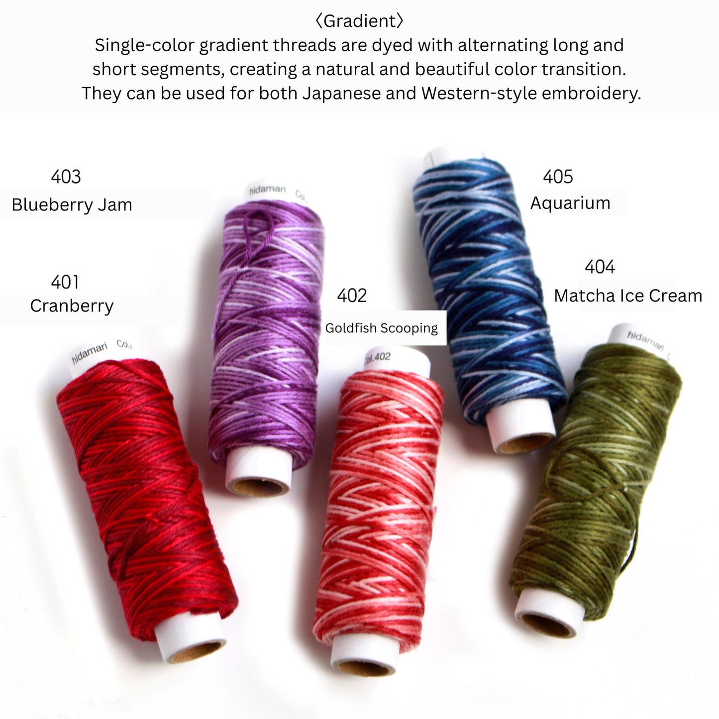 five spools of thread in various colors, including blueberry jam, aquarium, cranberry, goldfish scooping, and matcha ice cream.