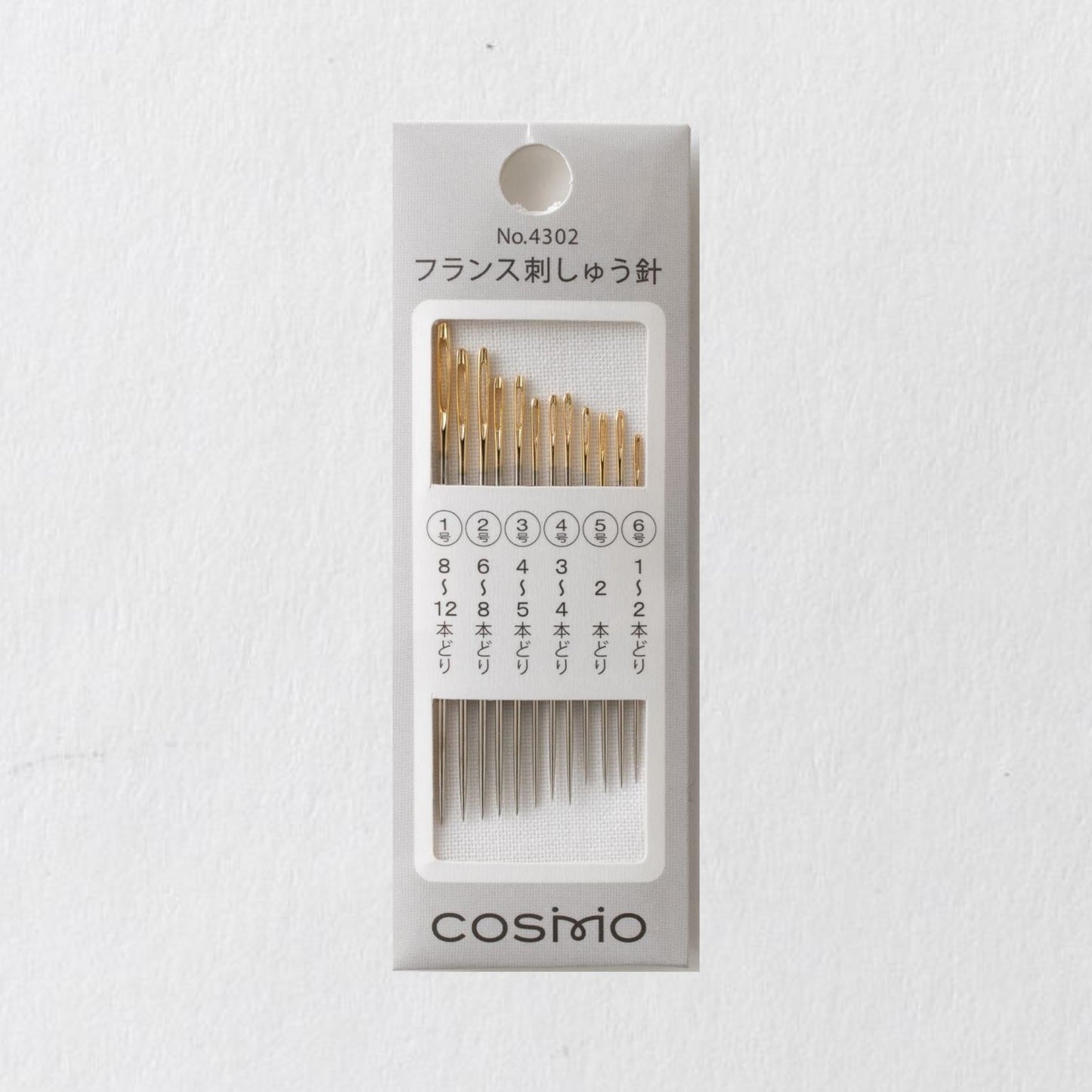 A grey box containing a set of gold-colored needles, with a label indicating the needles are intended for use with a specific sewing machine.