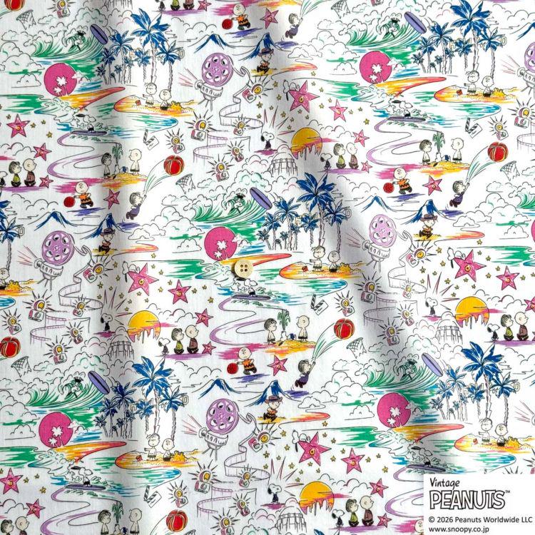 The image is a vibrant and colorful pattern featuring various cartoon characters and elements, such as palm trees, stars, and a beach scene. The pattern appears to be a repeating design with a variety of elements and colors, creating a lively and playful atmosphere.