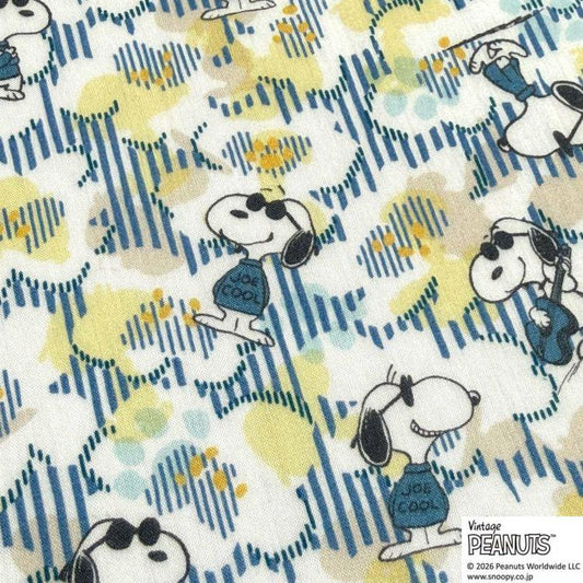 a repeating pattern of cartoon characters, including Snoopy, the beloved Peanuts character, wearing sunglasses and holding a guitar.