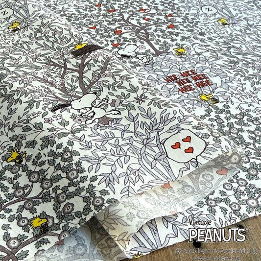 The image is a close-up of a fabric with a detailed tree pattern, featuring various birds and leaves. The fabric appears to be a printed material, possibly a quilt or a textile.
