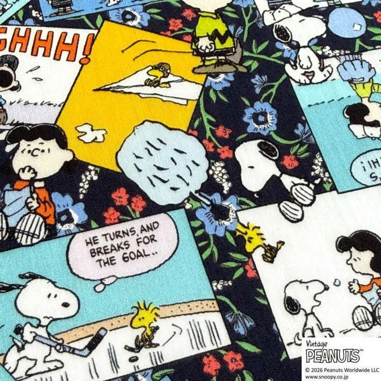 The image is a collage of various Peanuts comic strip panels featuring characters such as Snoopy, Charlie Brown, and Woodstock. The panels depict Snoopy playing hockey, Charlie Brown holding a hockey stick, and Woodstock sitting on a bench. The panels also show Snoopy and Charlie Brown engaged in humorous conversations, and Woodstock appears to be observing the scene. The collage includes a speech bubble that reads "HE TURNS AND BREAKS FOR THE GOAL..."