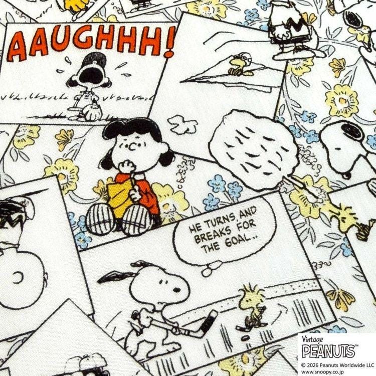 The image is a collage of various Peanuts comic strip panels featuring characters such as Snoopy, Charlie Brown, and Woodstock. The panels depict Snoopy playing hockey, Charlie Brown holding a hockey stick, and Woodstock sitting on a bench. The panels also include text elements such as "Aughh!" and "He turns and breaks for the goal...", adding to the overall narrative of the comic strip.