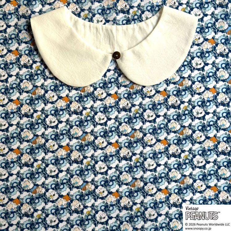 A white collar is displayed on a fabric with a blue and white floral pattern.
