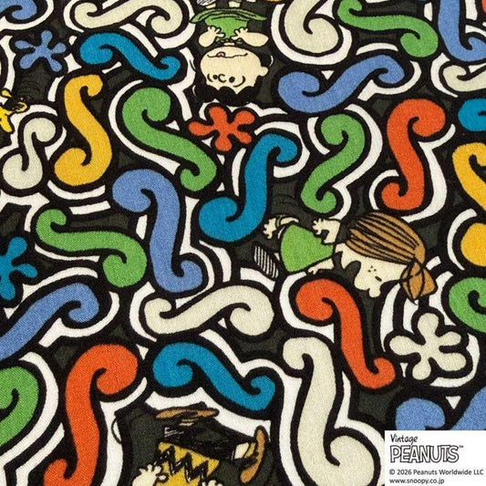 The image is a vibrant and colorful abstract pattern featuring various shapes, swirls, and characters, including Peanuts characters, against a black background.