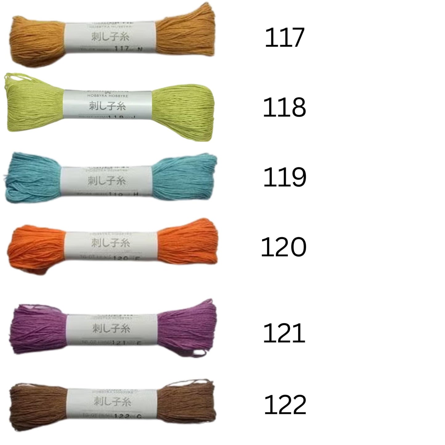six spools of thread with different colors, each labeled with a number.