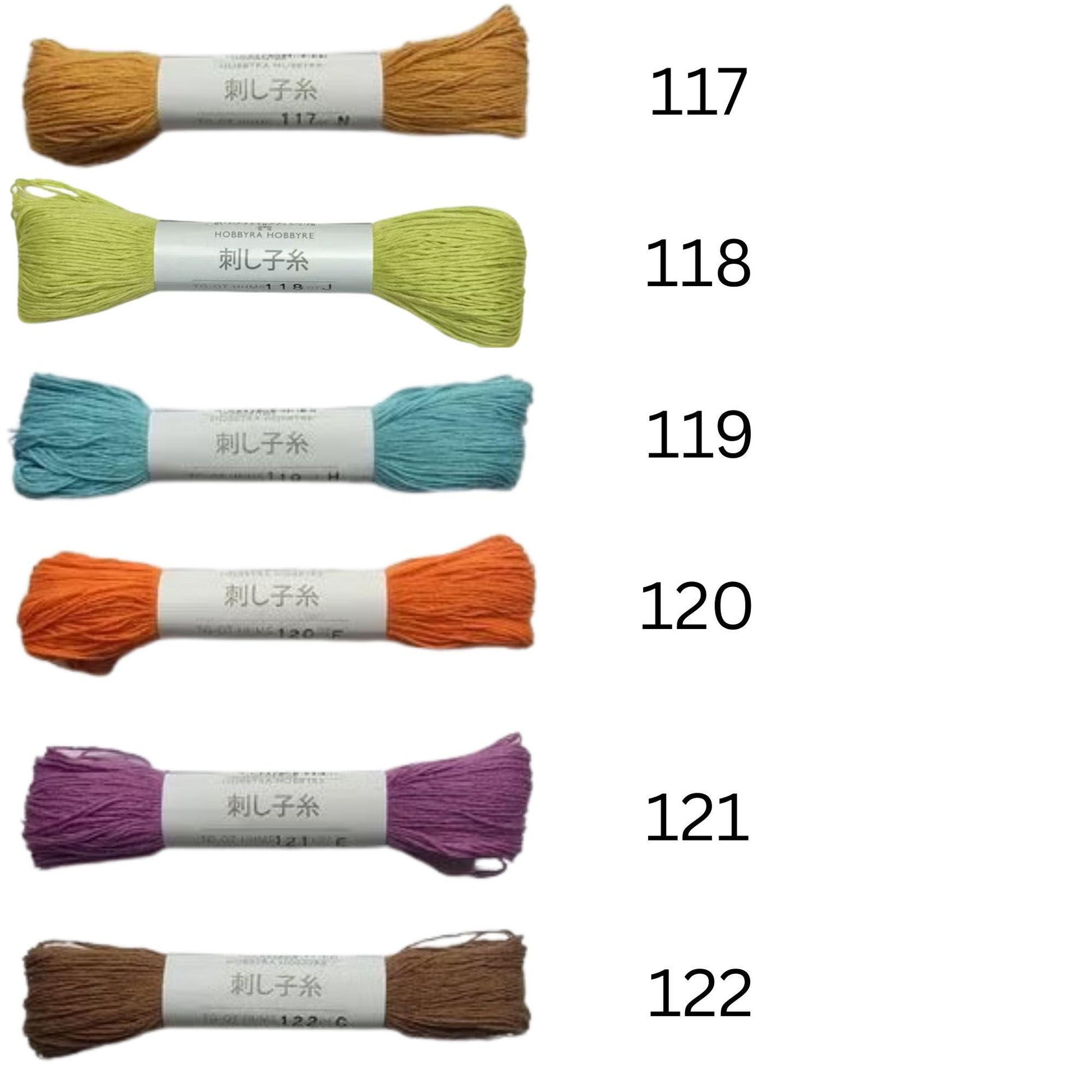 six spools of thread with different colors, each labeled with a number.