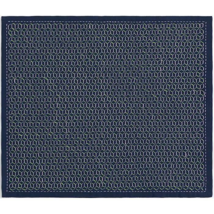 a square with a repeating pattern of small white and blue hexagonal shapes, creating a visually striking and intricate design.