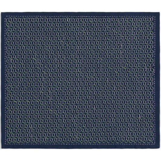 a square with a repeating pattern of small white and blue hexagonal shapes, creating a visually striking and intricate design.