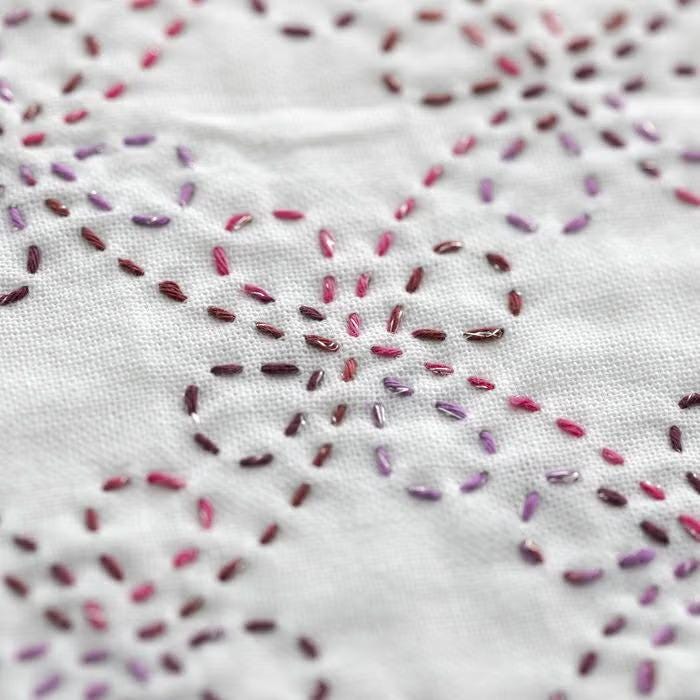 a close-up view of a fabric with a floral pattern created using small, colorful beads or sequins. The beads are arranged in a circular or radial pattern, creating a visually appealing design.