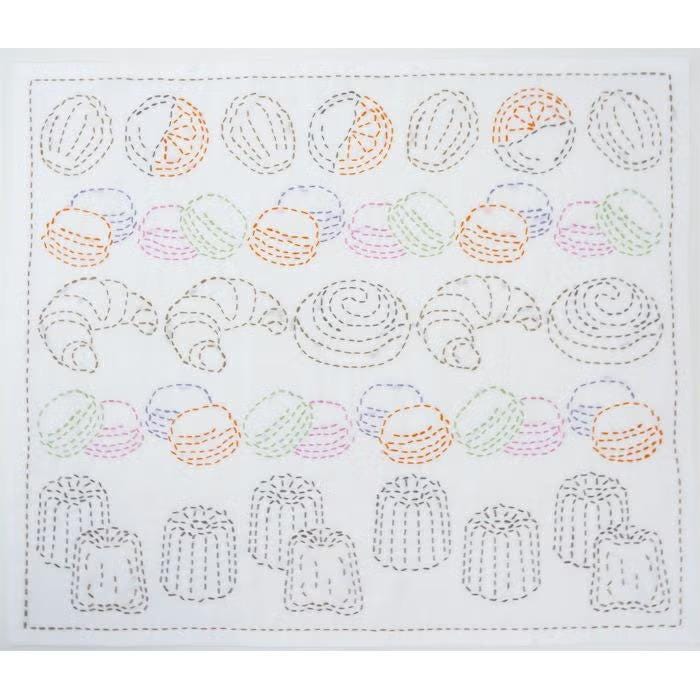 The image is a square with a repeating pattern of various food items, including croissants, macarons, and other pastries, as well as some fruits. The pattern is created using a sewing technique, with the food items and fruits depicted as small, circular shapes and the croissants and macarons as larger, dough-like shapes. The image does not contain any text or additional objects, and the arrangement of the food items and the sewing technique create a visually appealing and intricate design.