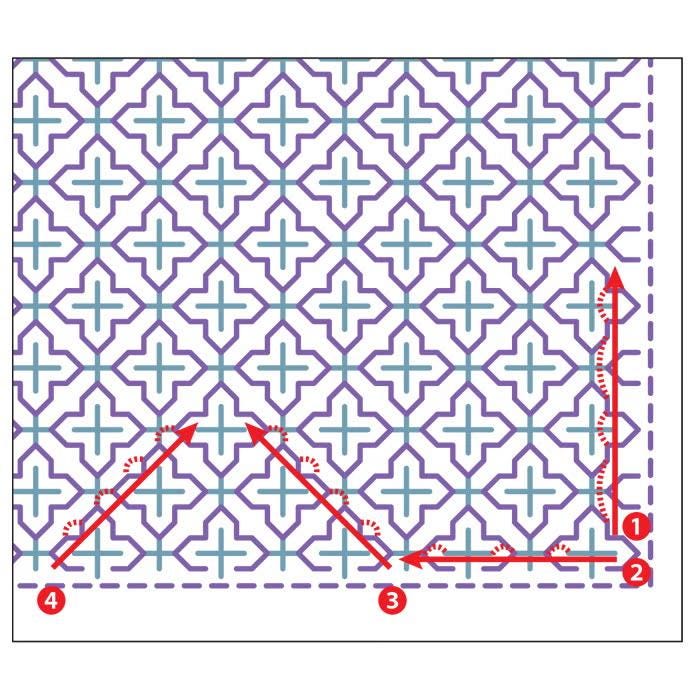 The image is a pattern with a repeating geometric design, consisting of a series of intersecting lines and shapes in shades of purple and white. The pattern is outlined in red, and there are arrows pointing to specific areas of the pattern.