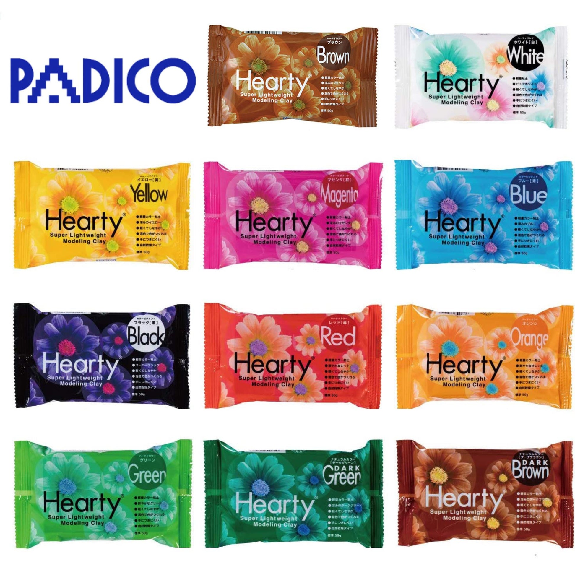 a collection of twelve different colored packages of modeling clay, each with a different color and labeled with the color name.