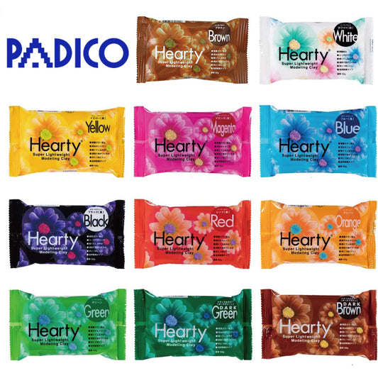 a collection of twelve different colored packages of modeling clay, each with a different color and labeled with the color name.