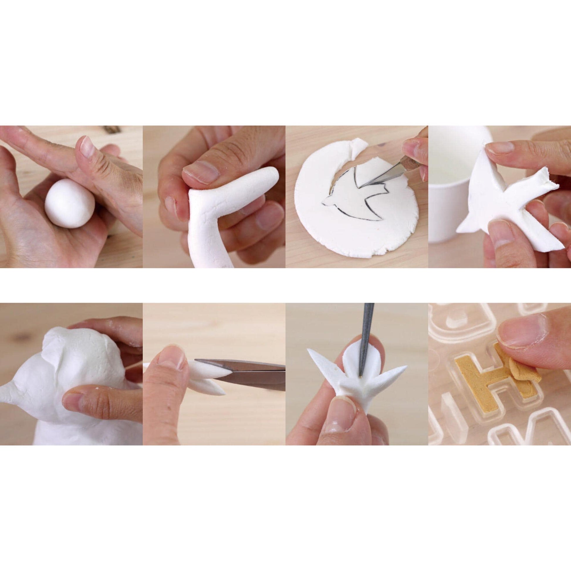 The image is a collage of six smaller images showing the step-by-step process of creating a white bird-shaped object using various materials and tools.