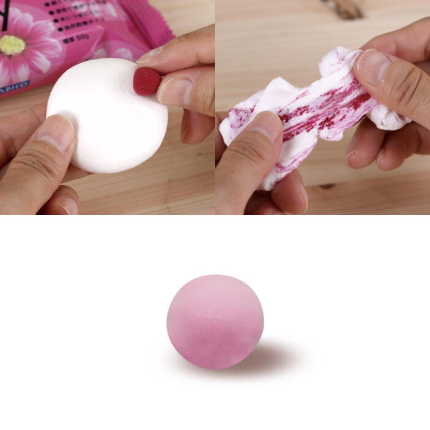 The image is a collage of three photos showing hands holding and interacting with various objects, including a white egg, a pink ball, and a pink object with red streaks.