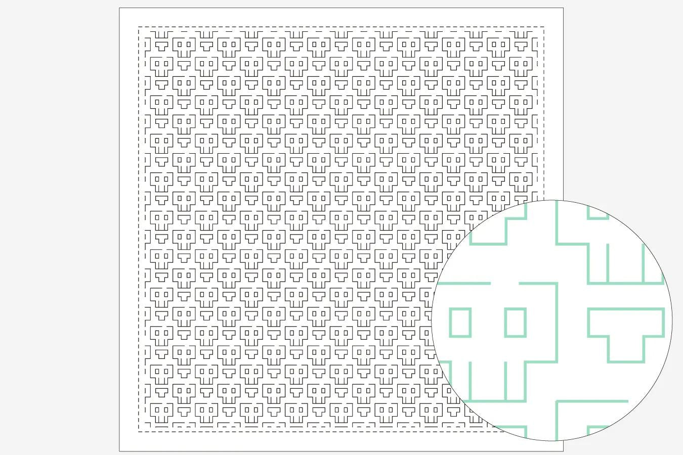 a grid of small squares, with a larger circular pattern overlaid on it. The grid has a repeating pattern of squares, and the circular pattern is a mix of green and white lines and shapes.