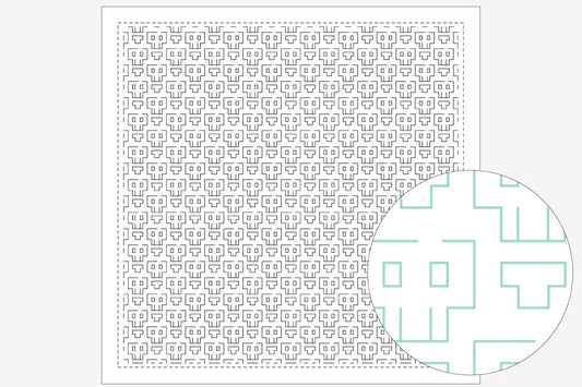 a grid of small squares, with a larger circular pattern overlaid on it. The grid has a repeating pattern of squares, and the circular pattern is a mix of green and white lines and shapes.