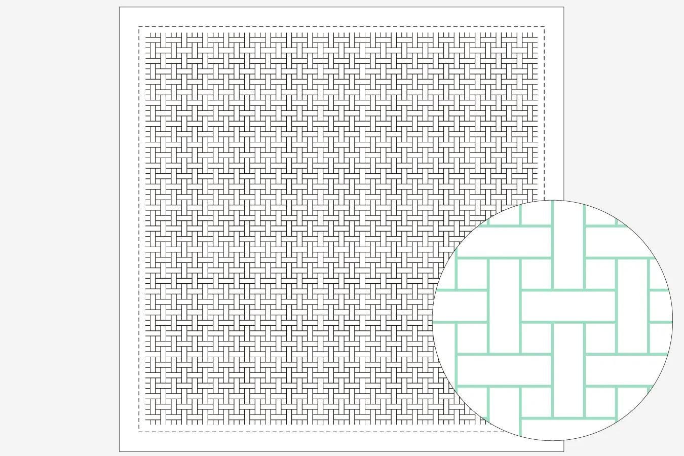a square with a grid-like pattern of black and white squares, and a circular pattern of green and white squares.