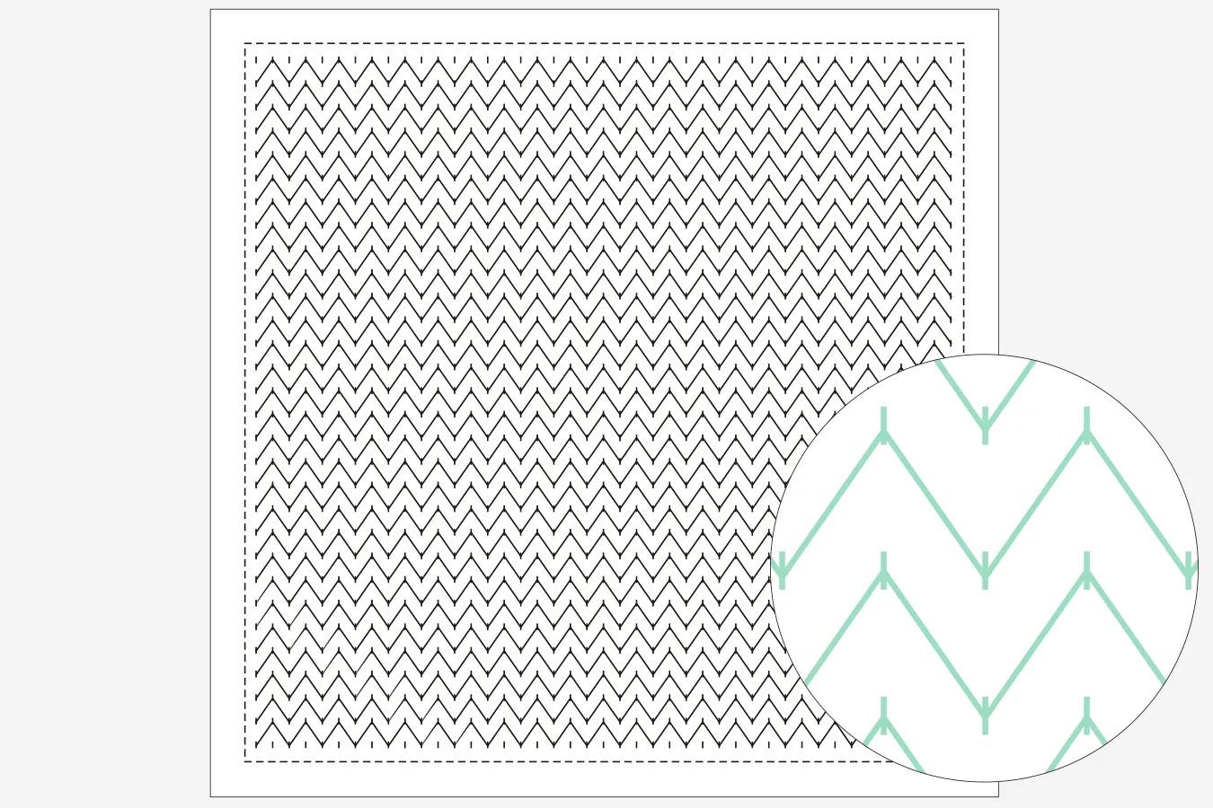 a square with a zigzag pattern, and there is a circular pattern with green lines inside it.