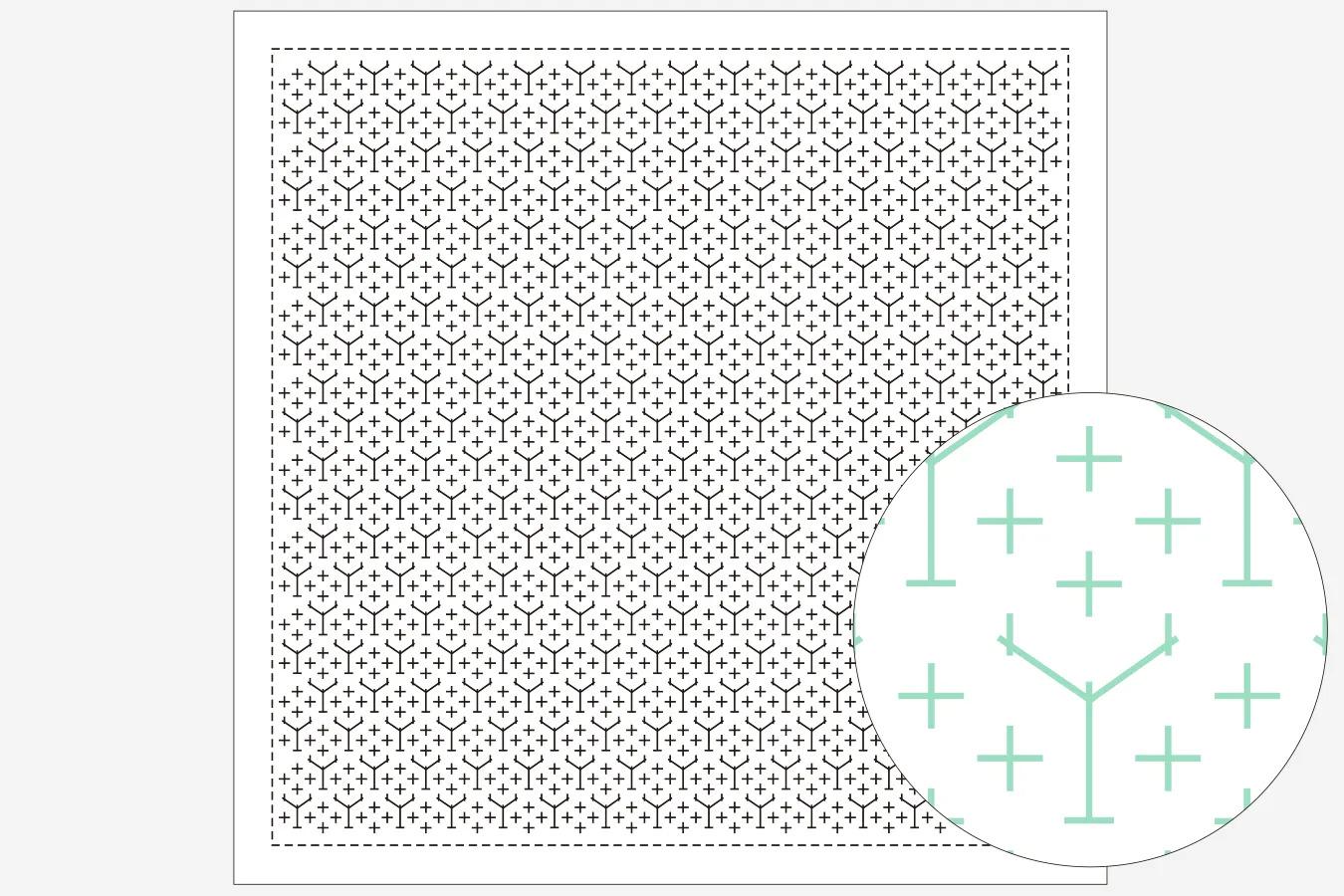 a square with a repeating pattern of black and white dots, and a circular pattern of green and white crosses.