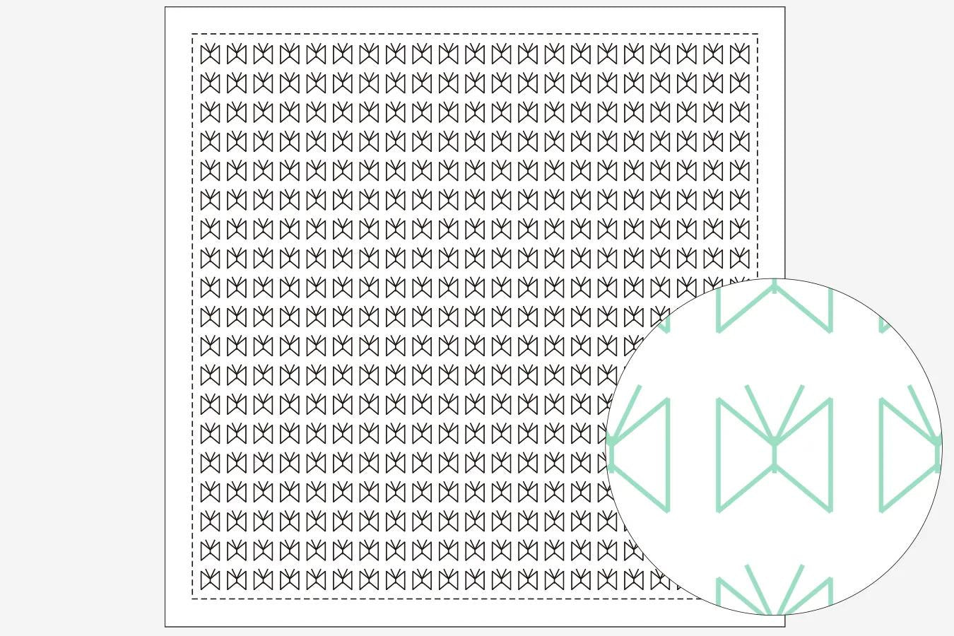 a repeating pattern of black and white geometric shapes, creating a visually striking and intricate design.