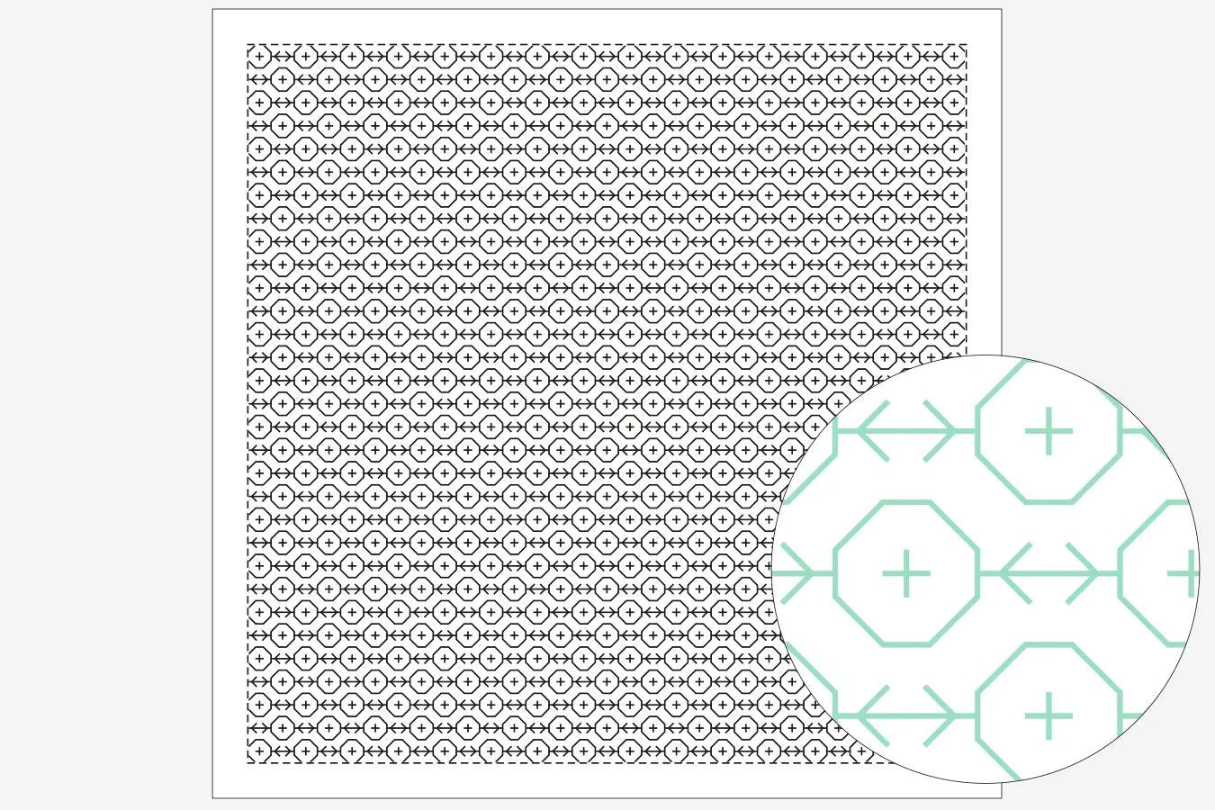 a square with a repeating pattern of black and white circles and lines, and a circular pattern of green and white geometric shapes.