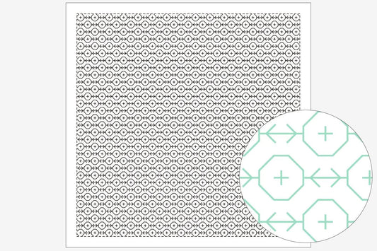 a square with a repeating pattern of black and white circles and lines, and a circular pattern of green and white geometric shapes.