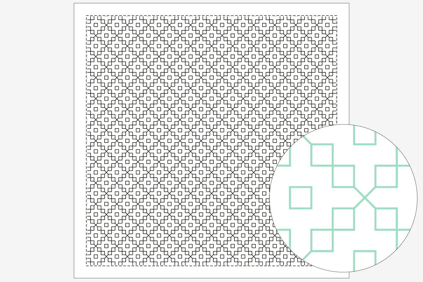 a square with a repeating pattern of black and white squares, and a circular pattern of green and white squares.