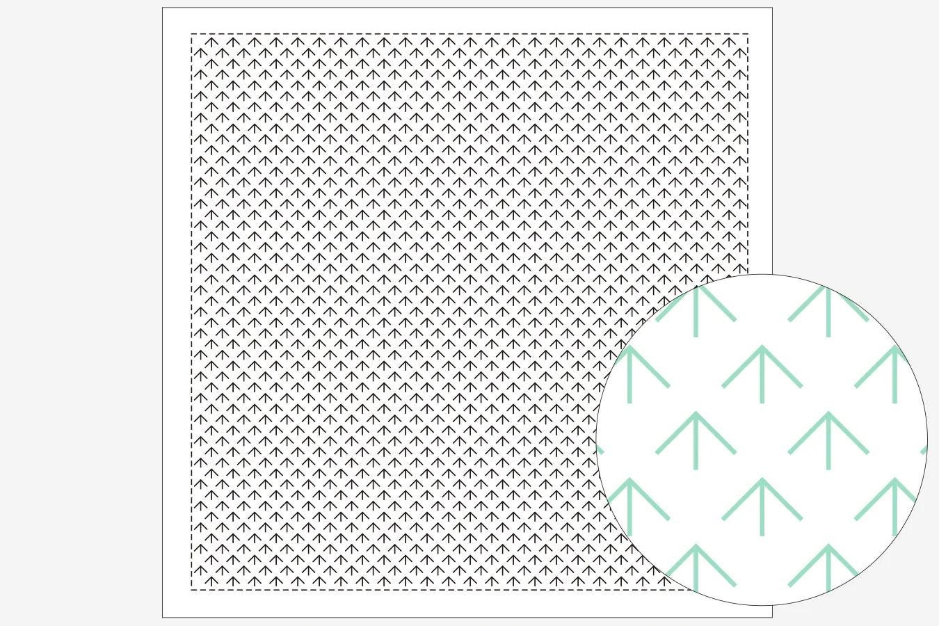 a square with a repeating pattern of black and white arrows, and a circular pattern of green arrows.