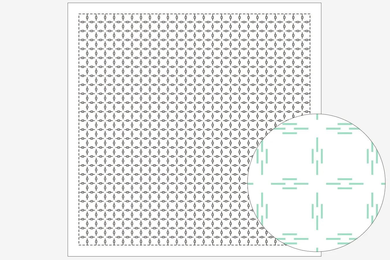a square with a grid-like pattern of small circles or dots, and a circular pattern with green lines or dots on it.